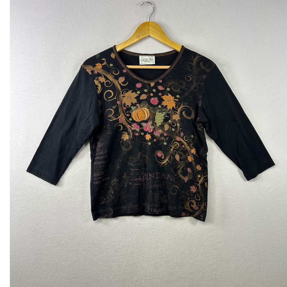 Cactus Bay Apparel Women's Black Pumpkin Leaf Print 3/4 Sleeve V Neck Top Size L